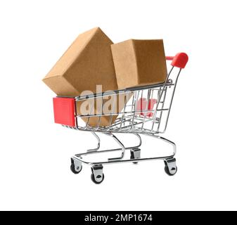 Shopping cart with boxes isolated on white. Logistics and wholesale concept Stock Photo