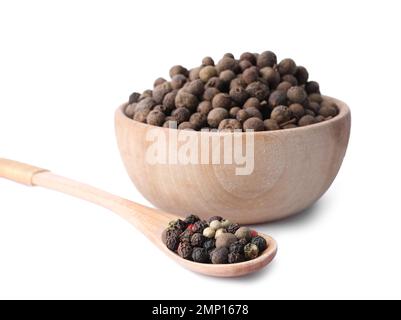 Mix of different pepper grains isolated on white Stock Photo