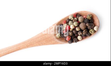 Mix of different pepper grains isolated on white, top view Stock Photo
