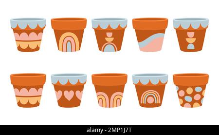 Empty flower pots set vector design illustration isolated on white, different painted terracotta pots Stock Vector