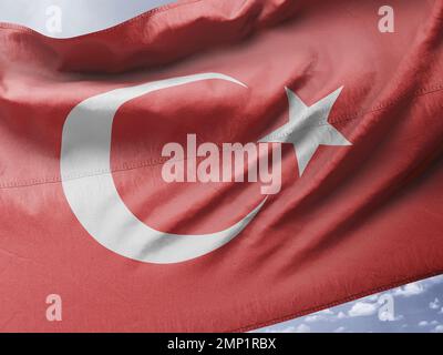 Waving Turkish flag, fabric turkish flag, realistic Stock Photo