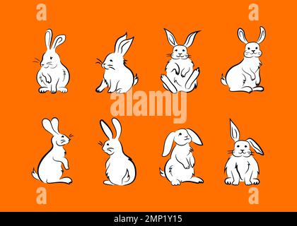 Funny cute white rabbits, doodle image set Stock Vector