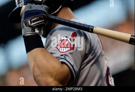 May 19, 2018: The Chief Wahoo logo can be seen on the sleeve of an Indians  jersey worn by Francisco Lindor during a Major League Baseball game between  the Houston Astros and