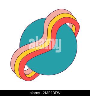 Retro Saturn planet icon with rainbow wavy rings. 1970s vintage style sticker. Trippy psychedelic planet design. Peaceful groovy universe element. Vector illustration. Stock Vector