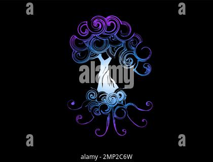 Beautiful Abstract and colorful ancient  magical blue tree silhouette wallpaper background painting Stock Vector