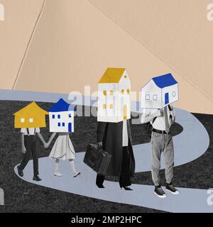 Conceptual design. People, family with two kids walking on road with houses on head. Moving to another place Stock Photo