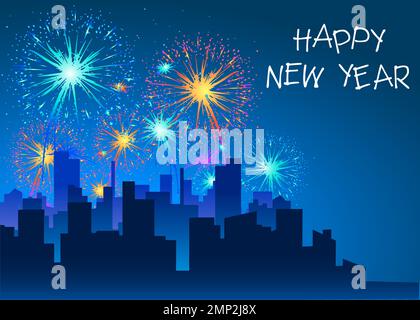 Beautiful New Year Colorful Fireworks in the night sky over the city wallpaper background or card Stock Vector