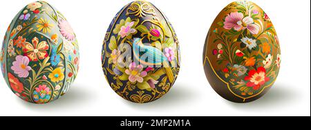 The main symbols of the spring holiday. Vector Illustration.Set of realistic Easter eggs with floral tracery on a white background. Stock Vector