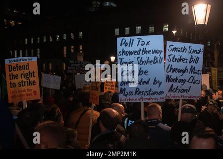 London, UK. 30 January, 2023. Trade union members attend a protest rally opposite Downing Street against the UK government's Strikes (Minimum Service Levels) Bill. Credit: Mark Kerrison/Alamy Live News Stock Photo