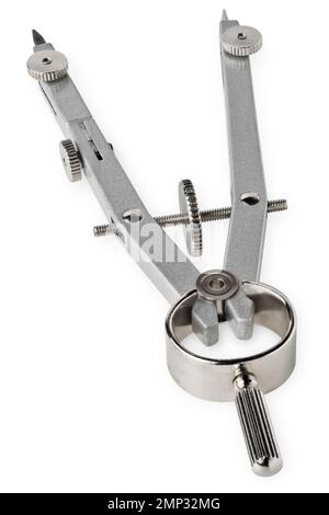 Pair of vintage steel drawing compasses, isolated on white background Stock Photo