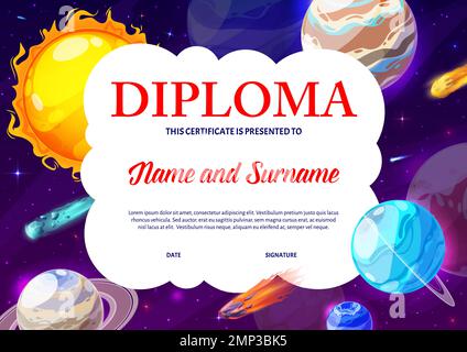 Kids diploma cartoon solar system and space planets. Education school ...