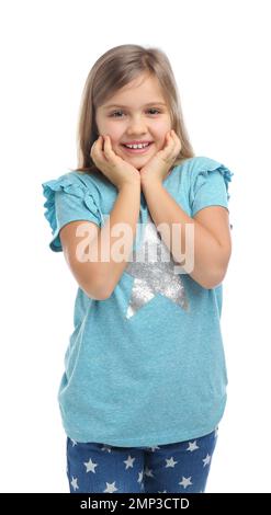 Surprised little girl in casual outfit on white background Stock Photo