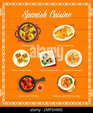 Spanish cuisine menu, food dishes and tapas, Spain meals for lunch and dinner, vector. Spanish restaurant menu of traditional seafood paella and chicken empanadas and potato omelette tortilla Stock Vector