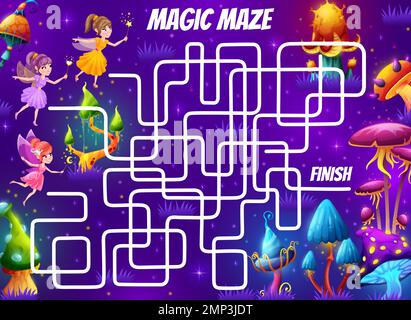 A Pixie Riddle Labyrinth maze game. Magic mushrooms in fairy forest. Preschool kids ...