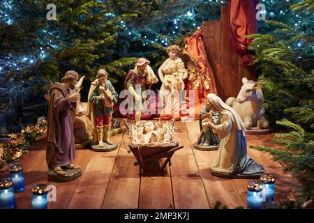 nativity, jesus, birth, christ, christmas, bethlehem, bible, religion, baby, manger, scene, holy, mary, christian, joseph, stable, religious, night, s Stock Photo