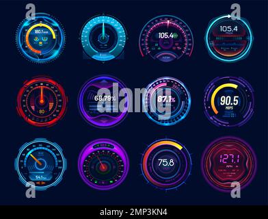 Futuristic car speedometer gauge dials, neon led speed meter, vector dashboard. Digital speedometers, car races interface counters and tachometer indicator or gauge dial panel or loading bars Stock Vector
