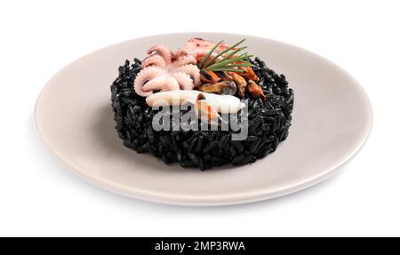 Delicious black risotto with seafood isolated on white Stock Photo