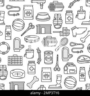 Dog and puppy pet care seamless pattern. Dog food, veterinary medicines, grooming tools and toys outline symbols or line pictograms on fabric vector seamless background, textile or wallpaper Stock Vector