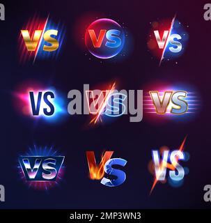VS text and versus symbols. Sport match, championship tournament or martial arts contest, conflict, confrontation or battle vector backgrounds or symbols with flame, fire, lightning and light effects Stock Vector