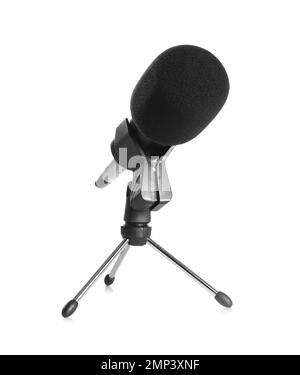 Modern microphone isolated on white. Journalist's equipment Stock Photo