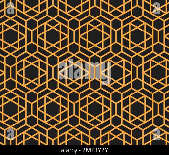 Arabesque arabic seamless pattern. Mashrabiya islamic backdrop. Moroccan or turkish ethnic ornaments, mashrabiya arabic pattern, textile or fabric oriental print with gold lines on black background Stock Vector