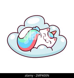 Caticorn sleeping on cloud character. Fairy unicorn cat with horn and rainbow colors tail, magical caticorn happy mascot or vector character. Fantasy kitten, fairytale creature dreaming personage Stock Vector