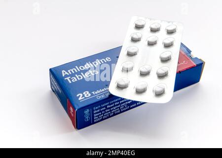 London. UK- 01.29.2023. A packet of Amlodipine tablets isolated in white. Medicine for the control of hypertension, high blood pressure. Stock Photo