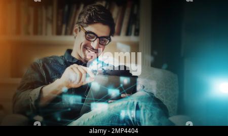 Business man with world hologram, futuristic technology and ai, global and tech transformation overlay with network. Internet, digital future and Stock Photo