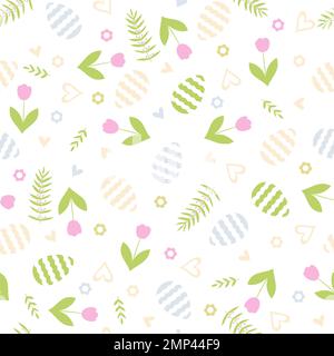 Easter seamless pattern with eggs, tulips and hearts Stock Vector
