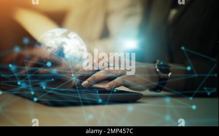Hands, keyboard and digital marketing, networking or global cybersecurity for trading, IoT or future technology. Hand of person typing on computer for Stock Photo