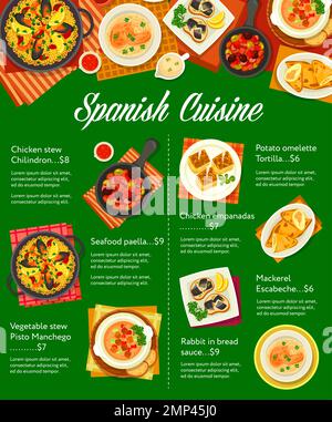 Spanish cuisine menu, food of Spain, vector dishes and lunch or dinner and traditional meals. Spanish restaurant and bar menu of traditional paella, tortilla and chicken empanadas with mackerel fish Stock Vector