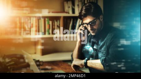 Digital transformation, futuristic and business man with phone call, check time with communication and cyber space overlay. Internet, future Stock Photo