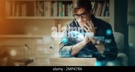 Business man with Earth hologram, futuristic technology and ai, global and tech transformation overlay with network. Internet, digital future and Stock Photo