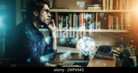 Digital transformation, world hologram and man with phone call, business communication and cyber space overlay. Internet, future technology and ai, 3d Stock Photo