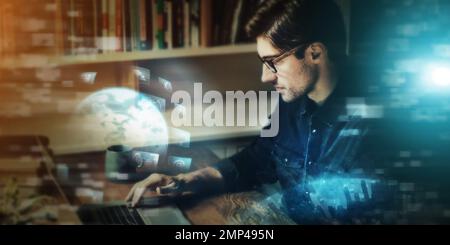 Futuristic, technology and world, business man with tech transformation overlay, hologram and laptop. Internet, digital future and metaverse, 3d cyber Stock Photo