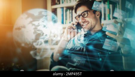 World hologram, digital transformation and futuristic, man and phone call, communication and cyber space overlay. Internet, future technology and ai Stock Photo