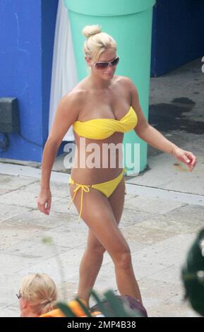 Exclusive!! Hulk Hogan's girlfriend Jennifer McDaniel soaks up the sun poolside in a bright yellow bikini (Hulk's favorite color) looking like a younger version of estranged wife Linda.  The couple spent the day at an exclusive  Miami Beach hotel and were briefly visted by daughter Brooke who is in Miami to promote her new VH1 reality show 'Brooke Knows Best', Miami, FL,   7/12/08. Stock Photo