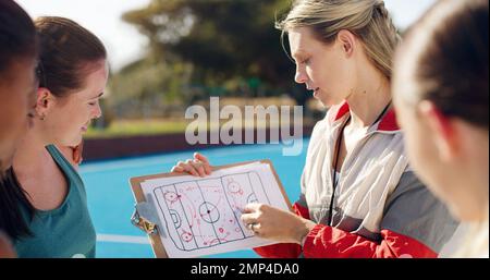 Planning, team and coach with a strategy for hockey, training plan and education on a game. Learning, coaching and woman teaching an idea for a sport Stock Photo