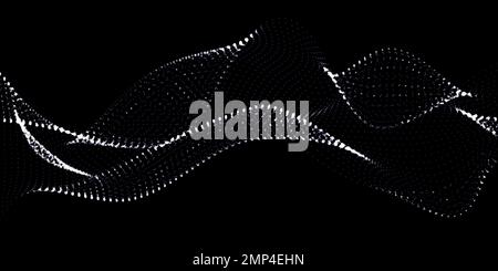 A wave of dynamic particles flows through the darkness. Vector abstract background. A beautiful wavy array of glowing dots. Stock Vector