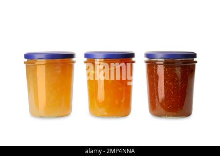 Jars of different delicious jams on white background Stock Photo