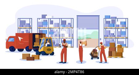 Flat warehouse logistics interior with forklift, lift truck with driver and cardboard boxes on metal racks. Post office or storehouse with goods on shelves and workers. Loaders work in freight storage Stock Vector