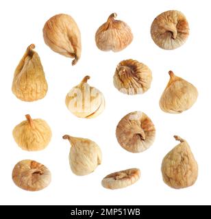 Set of dried sweet figs on white background Stock Photo