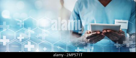 Digital medical info, data overlay and woman doctor pointing to ...