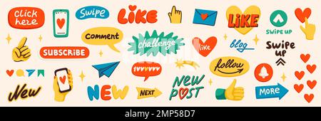 Blog content icons. Blogging or vlogging cartoon icons for social media vector flat illustration. Stock Vector