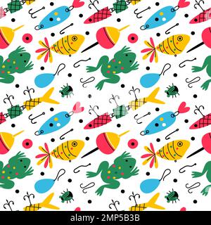 Seamless fishing bait pattern. Colorful different lures. Small fish and insects imitation. Floats with hooks. Fishers tackle. Angling bobbers. Rod Stock Vector