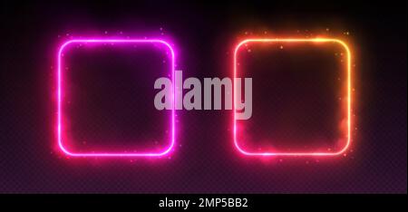 Neon frames with smoke and sparkles, gradient LED borders with fog and glowing particles. Stock Vector