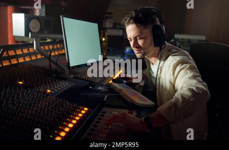 Man, thinking or recording headphones for music, sound mixing or computer song composition in studio. Musician, DJ or producer on technology with Stock Photo