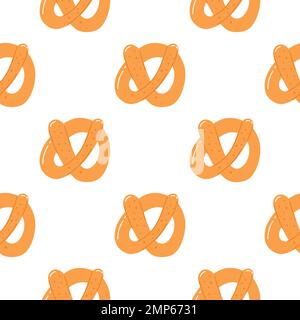 Seamless pattern with tasty pretzel in cartoon flat style. Hand drawn vector background with sweet pastry, bun, bagel. Stock Vector