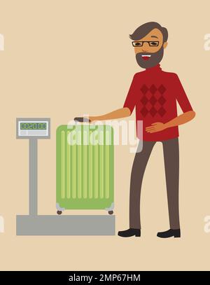 Passenger weighing his big suitcase before flight Stock Vector