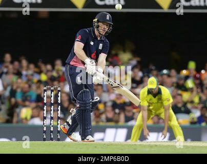 England's Eoin Morgan plays a shot during the one day cricket match between England and Australia in Brisbane, Friday, Jan. 19, 2018. (AP Photo/Tertius Pickard)